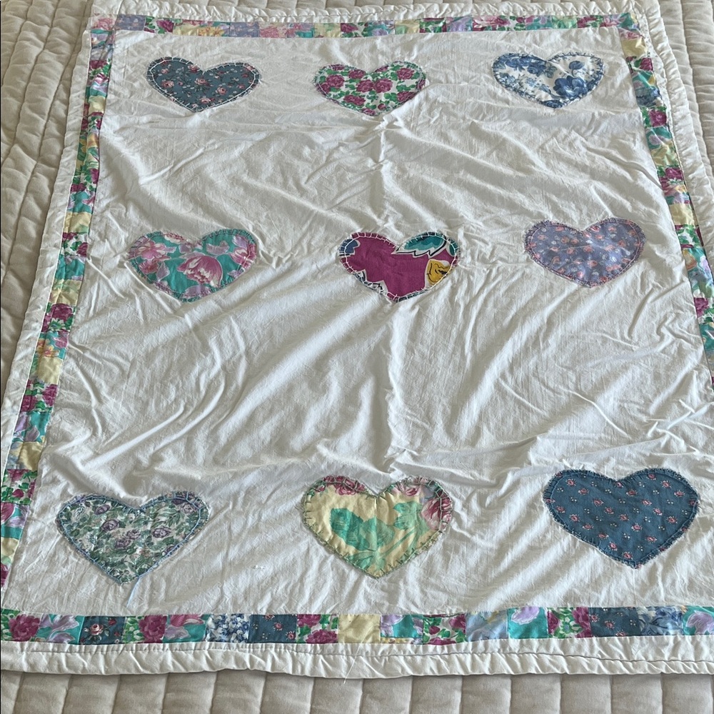 Handmade White Heart Appliqué Lap Quilt Throw - Multicolor Hearts